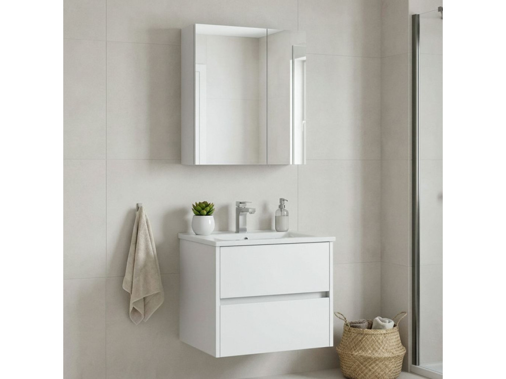 Zestaw szafki pod umywalkę z lustrem (2 elementy) „Side 65 v2” – 65 x 45 x 52 cm – matowa biel