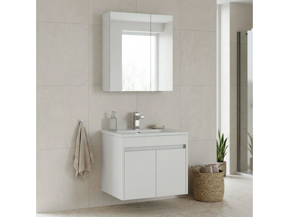 Zestaw szafki pod umywalkę z lustrem (2 elementy) „Side 65 v2” – 65 x 45 x 52 cm – matowa biel