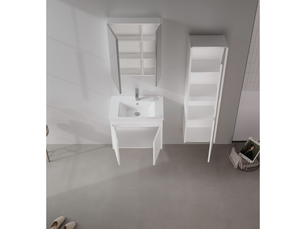 Zestaw szafki pod umywalkę z lustrem (2 elementy) „Side 65 v2” – 65 x 45 x 52 cm – matowa biel