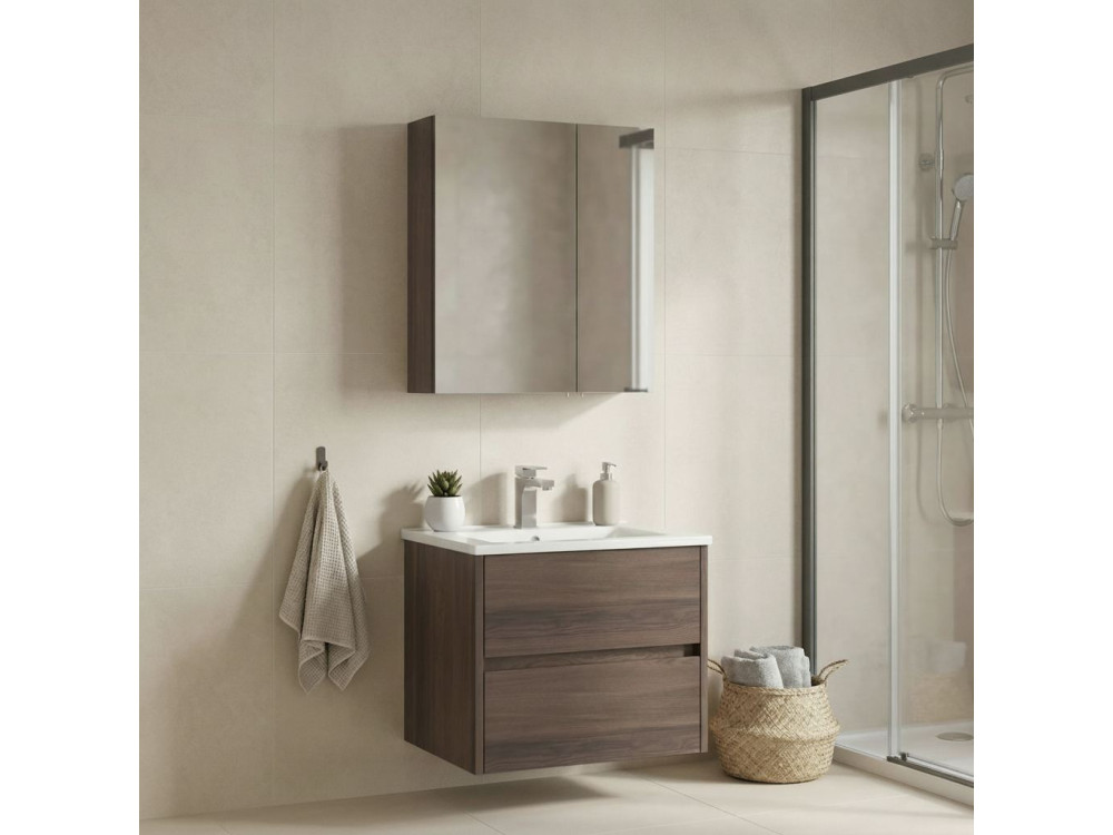 Zestaw szafki pod umywalkę z lustrem (2 elementy) „Side 65 v2” – 65 x 45 x 52 cm – orzech