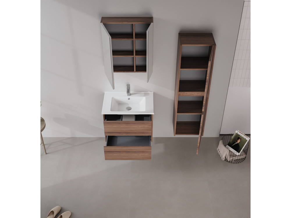 Zestaw szafki pod umywalkę z lustrem (2 elementy) „Side 65 v2” – 65 x 45 x 52 cm – orzech