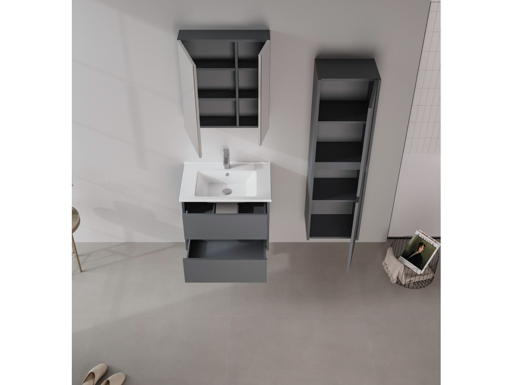 Zestaw szafki pod umywalkę z lustrem (2 elementy) „Side 65 v2” – 65 x 45 x 52 cm – matowy antracyt