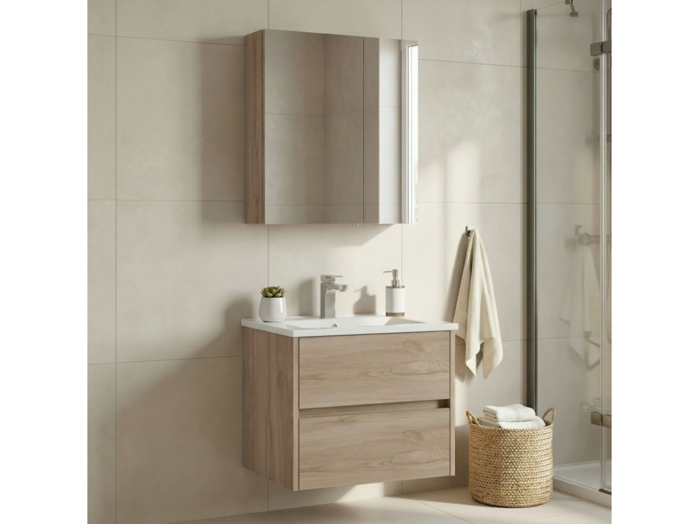Zestaw szafki pod umywalkę z lustrem (2 elementy) „Side 65 v2” – 65 x 45 x 52 cm – dąb