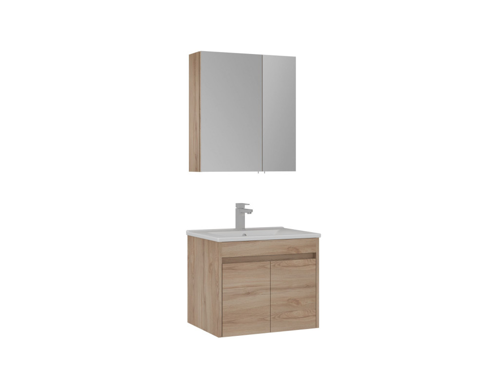 Zestaw szafki pod umywalkę z lustrem (2 elementy) „Side 65 v2” – 65 x 45 x 52 cm – dąb