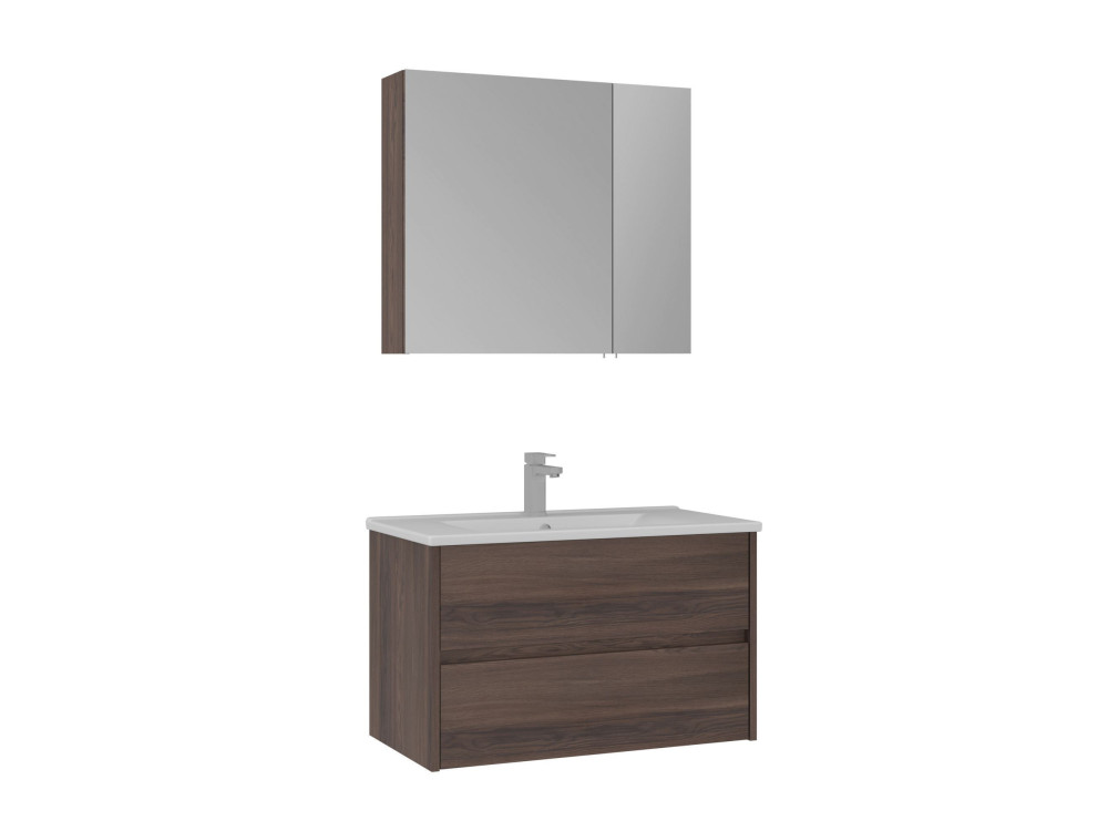 Zestaw szafki pod umywalkę z lustrem (2 elementy) „Side 85 v2” – 85 x 45 x 52 cm – orzech