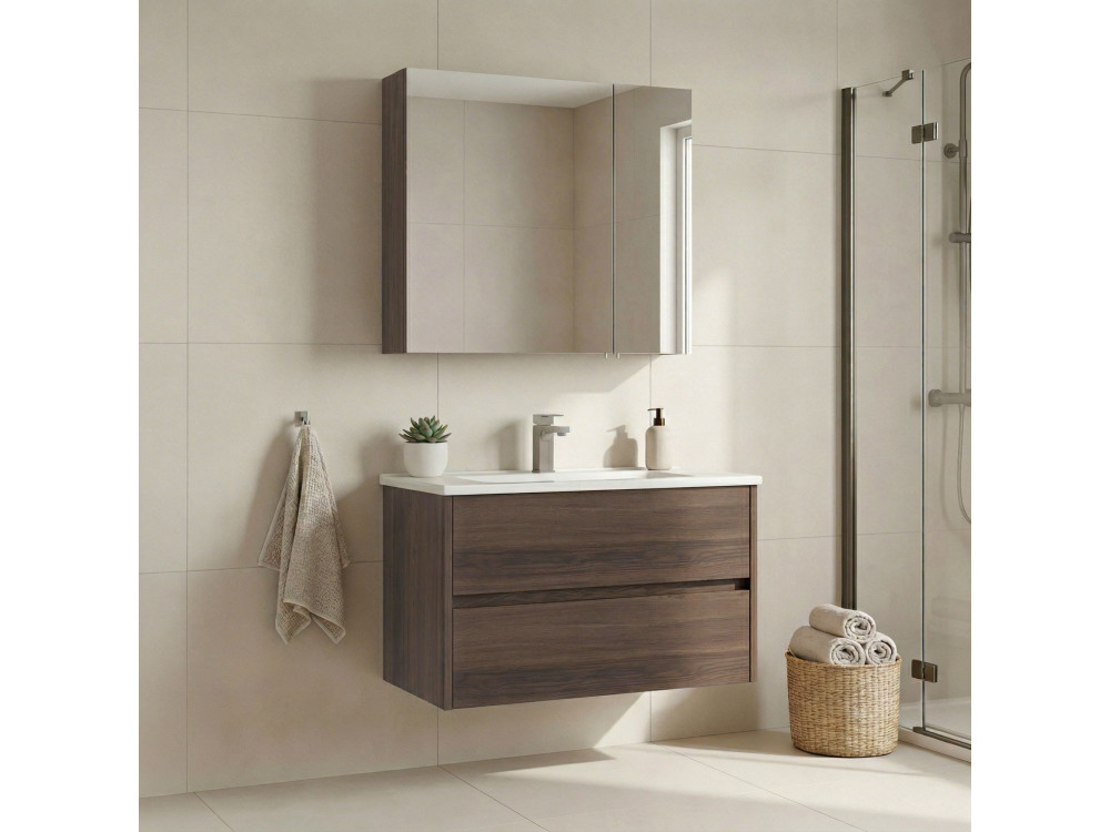 Zestaw szafki pod umywalkę z lustrem (2 elementy) „Side 85 v2” – 85 x 45 x 52 cm – orzech