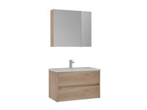 Zestaw szafki pod umywalkę z lustrem (2 elementy) „Side 85 v2” – 85 x 45 x 52 cm – dąb