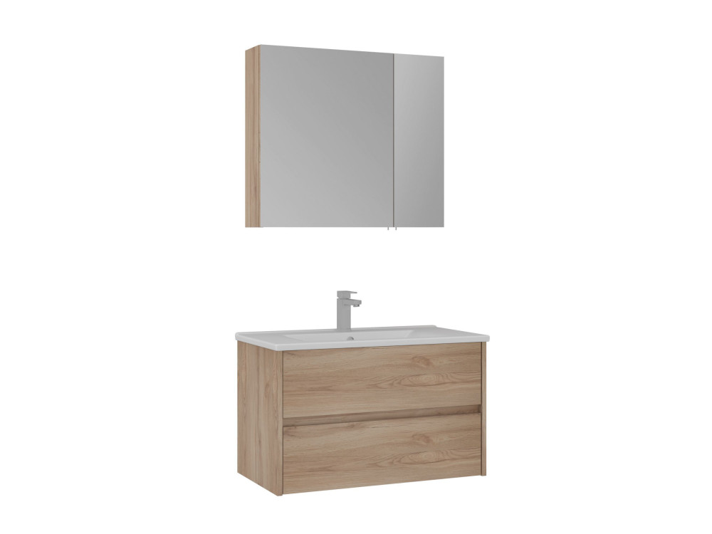 Zestaw szafki pod umywalkę z lustrem (2 elementy) „Side 85 v2” – 85 x 45 x 52 cm – dąb