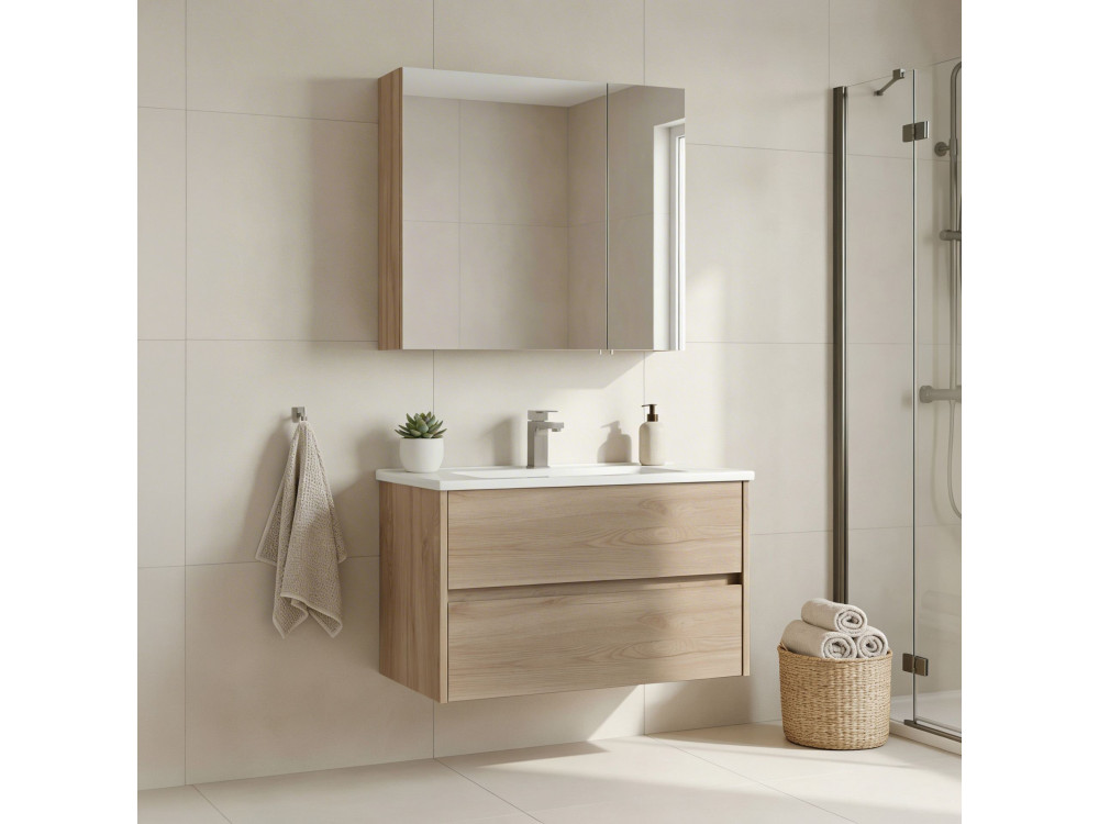 Zestaw szafki pod umywalkę z lustrem (2 elementy) „Side 85 v2” – 85 x 45 x 52 cm – dąb