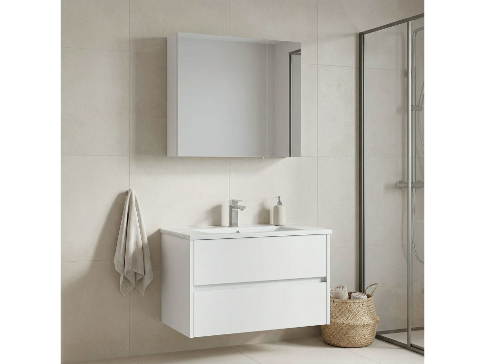 Zestaw szafki pod umywalkę z lustrem (2 elementy) „Side 85 v2” – 85 x 45 x 52 cm – matowa biel