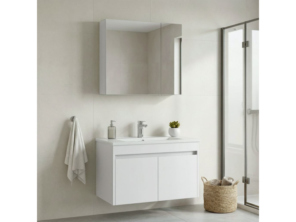 Zestaw szafki pod umywalkę z lustrem (2 elementy) „Side 85 v2” – 85 x 45 x 52 cm – matowa biel