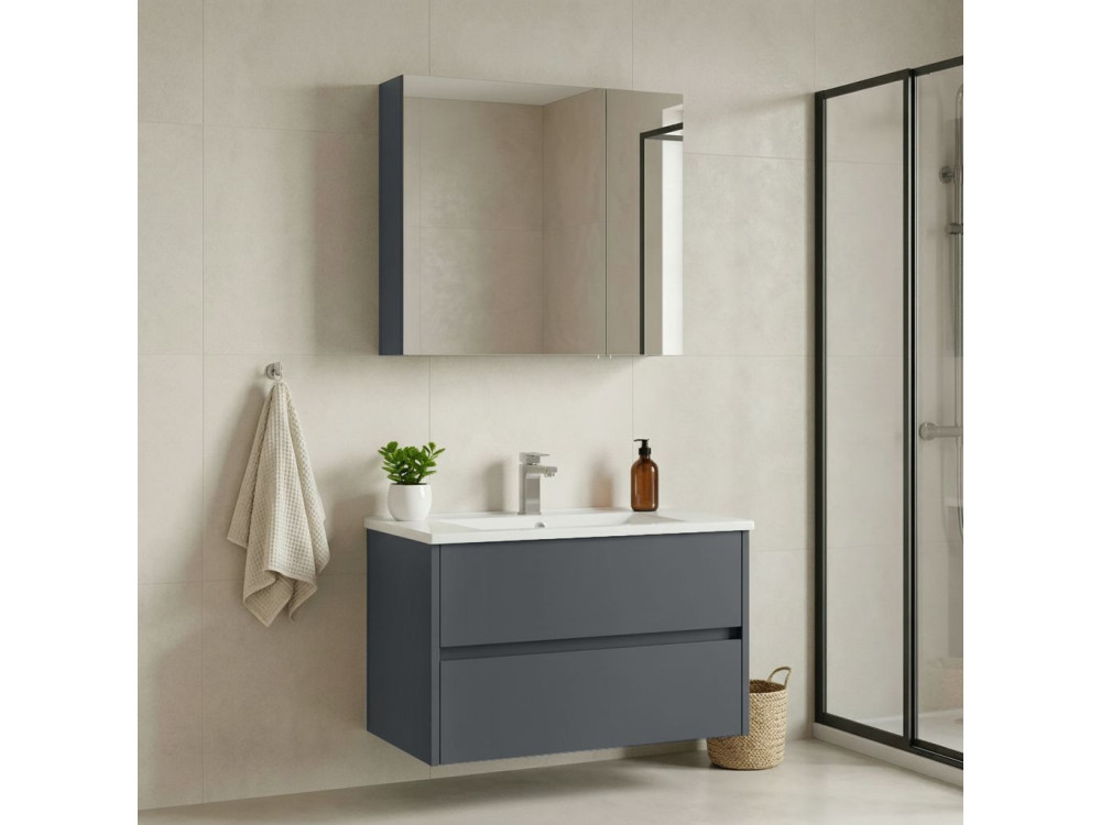 Zestaw szafki pod umywalkę z lustrem (2 elementy) „Side 85 v2” – 85 x 45 x 52 cm – matowy antracyt