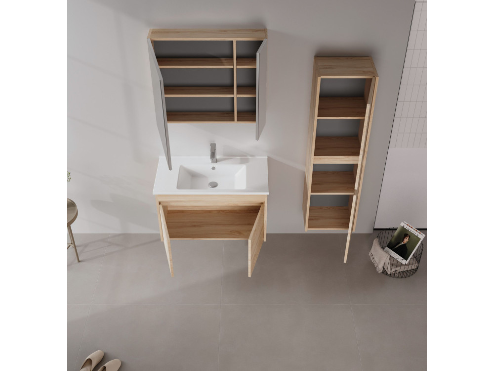 Zestaw szafki pod umywalkę z lustrem (2 elementy) „Side 85 v2” – 85 x 45 x 52 cm – dąb