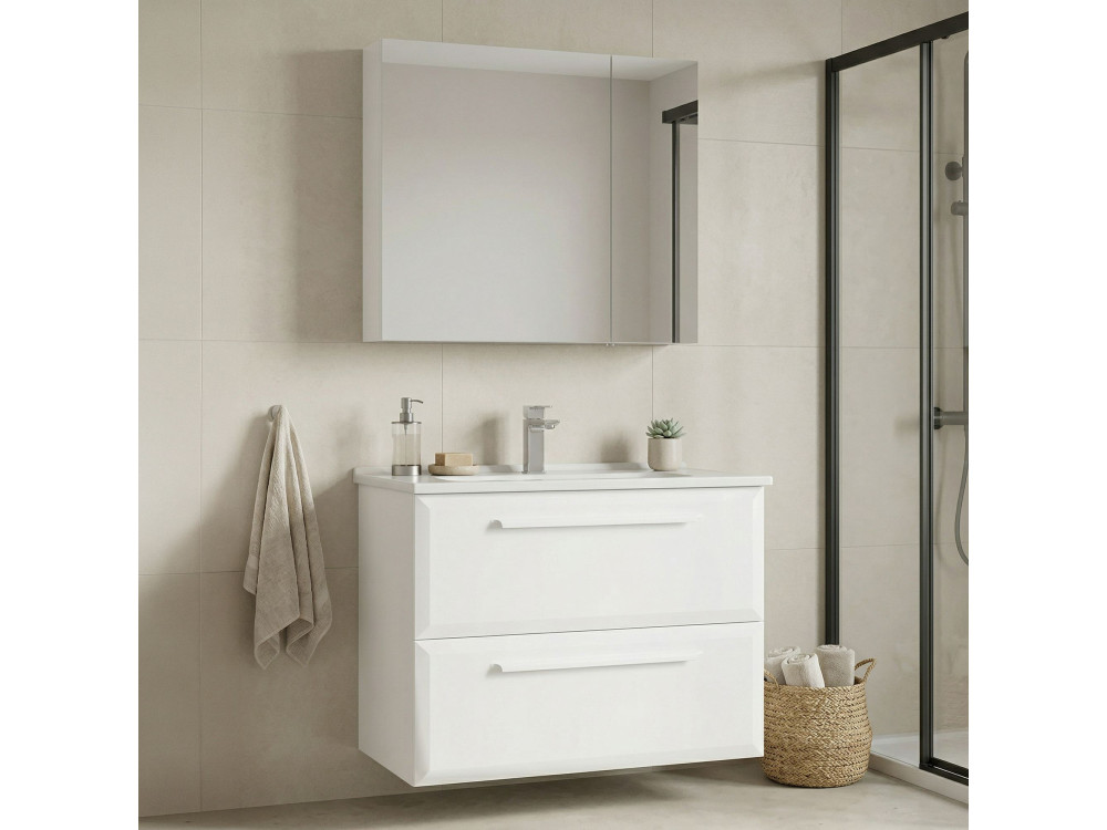 Zestaw szafki pod umywalkę z lustrem (2 elementy) „Nuvola 80 v2” – 80 x 50 x 62 cm – biały