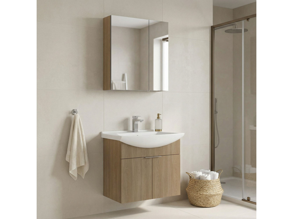 Zestaw szafki pod umywalkę z lustrem (2 elementy) „Purus 65” – 65 x 50 x 58 cm – dąb