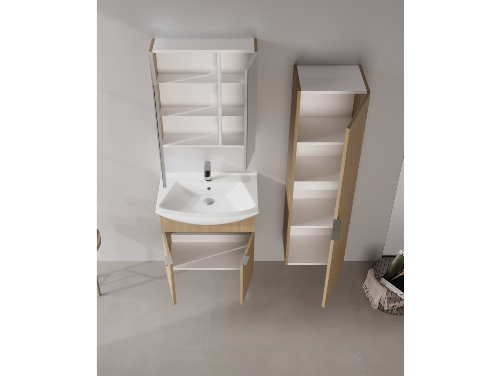 Zestaw szafki pod umywalkę z lustrem (2 elementy) „Purus 65” – 65 x 50 x 58 cm – dąb