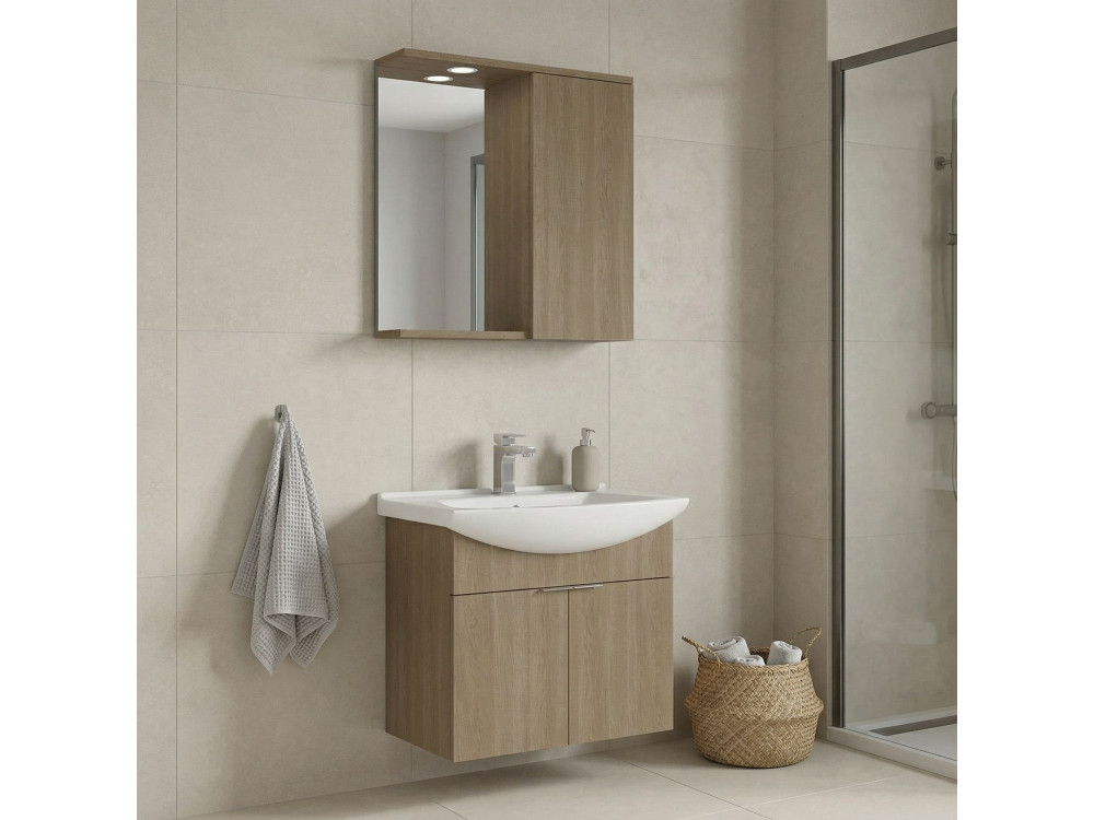 Zestaw szafki pod umywalkę z lustrem (2 elementy) „Purus 65” – 65 x 50 x 58 cm – dąb