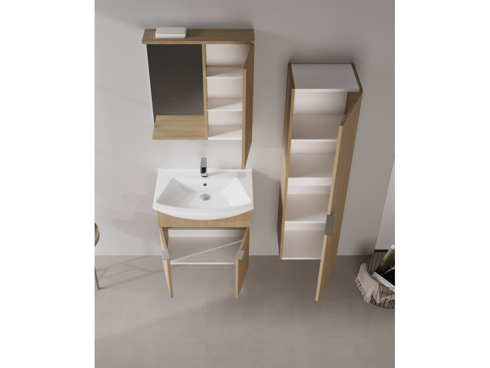 Zestaw szafki pod umywalkę z lustrem (2 elementy) „Purus 65” – 65 x 50 x 58 cm – dąb