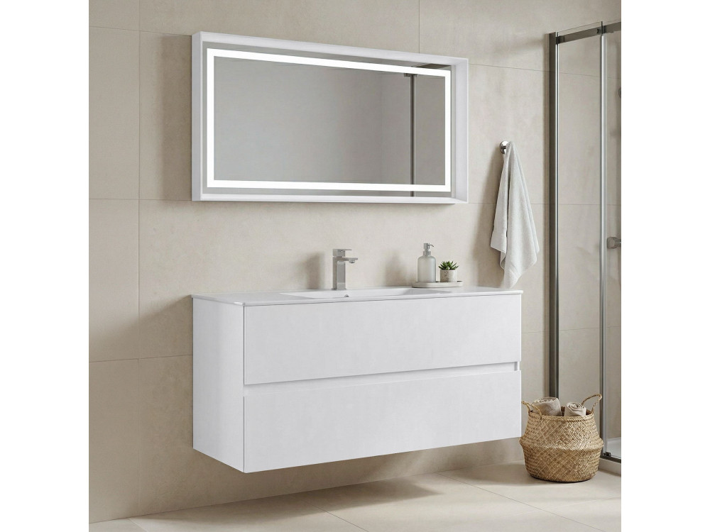 Zestaw szafki pod umywalkę z lustrem (2 elementy) „Nest 121 v2” – 121 x 51 x 55 cm – matowa biel