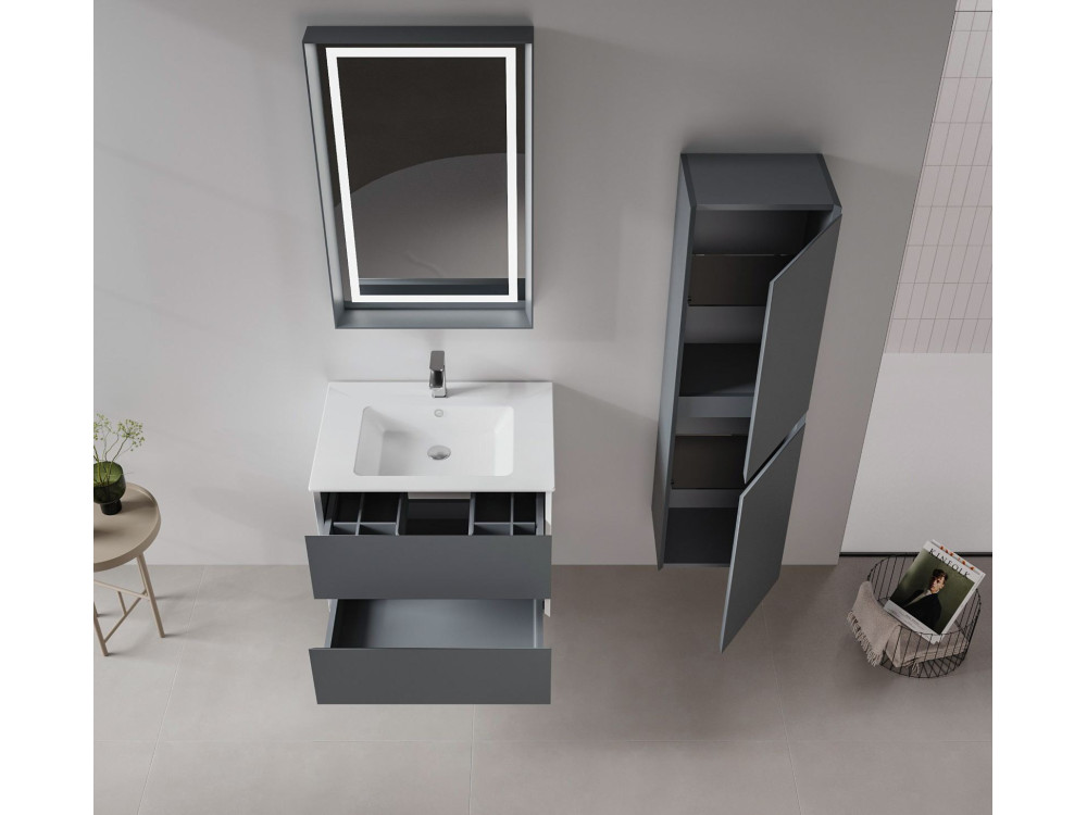 Zestaw szafki pod umywalkę z lustrem (2 elementy) „Nest 71 v2” – 71 x 51 x 55 cm – matowy antracyt