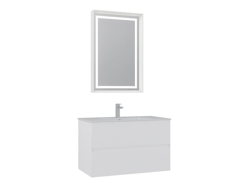 Zestaw szafki pod umywalkę z lustrem (2 elementy) „Nest 91 v2” – 91 x 51 x 55 cm – matowa biel