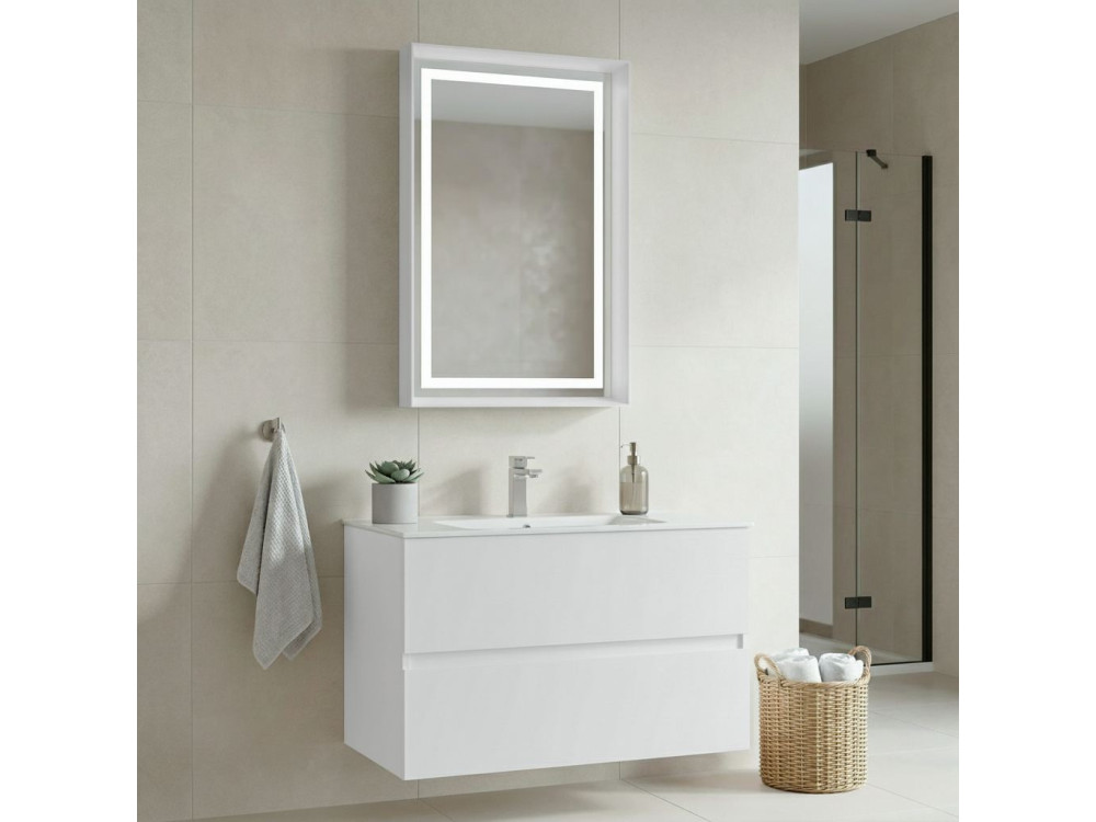 Zestaw szafki pod umywalkę z lustrem (2 elementy) „Nest 91 v2” – 91 x 51 x 55 cm – matowa biel