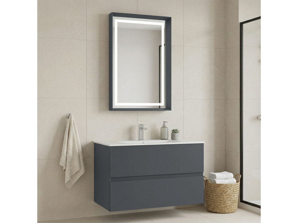 Zestaw szafki pod umywalkę z lustrem (2 elementy) „Nest 91 v2” – 91 x 51 x 55 cm – matowy antracyt