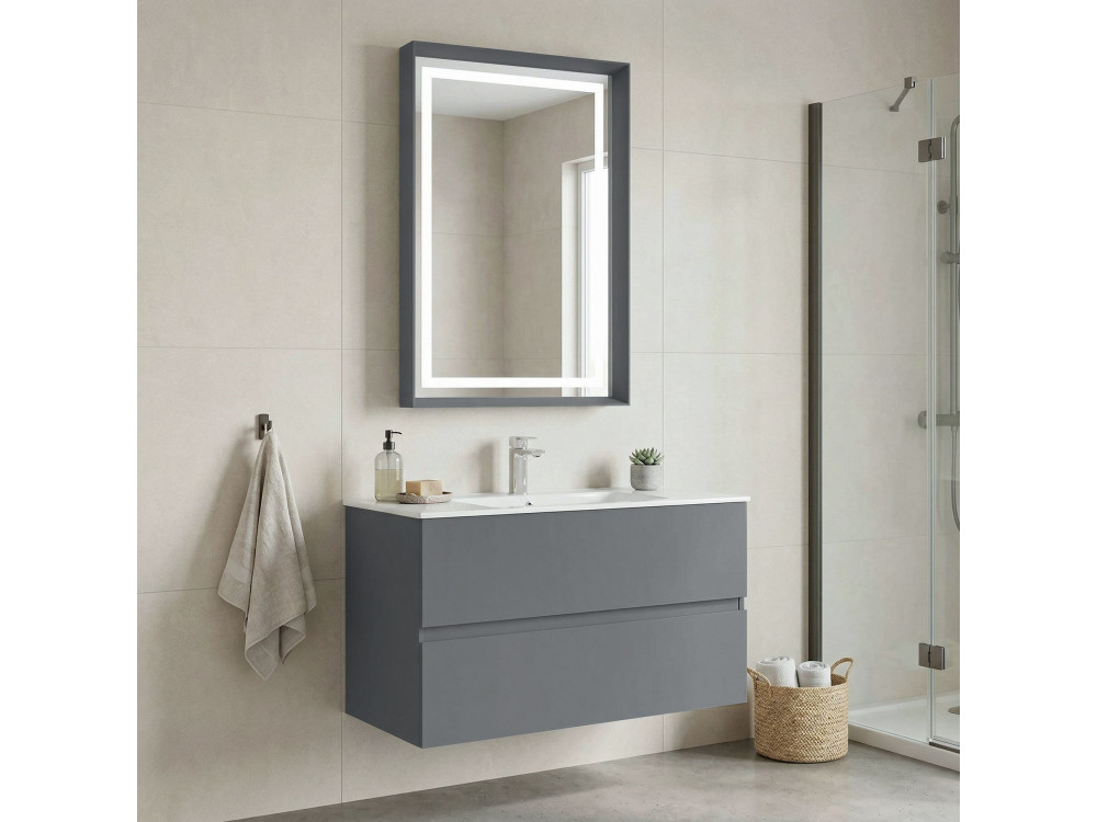 Zestaw szafki pod umywalkę z lustrem (2 elementy) „Nest 91 v2” – 91 x 51 x 55 cm – matowa szarość