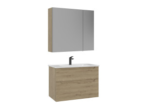 Zestaw szafki pod umywalkę z lustrem (2 elementy) „Messina 85 v2” – 85 x 45 x 55 cm – dąb