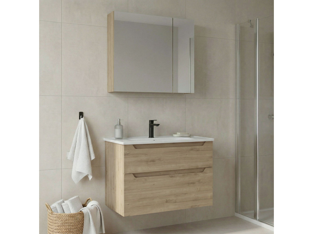 Zestaw szafki pod umywalkę z lustrem (2 elementy) „Messina 85 v2” – 85 x 45 x 55 cm – dąb