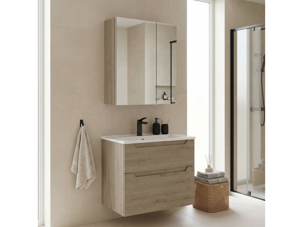 Zestaw szafki pod umywalkę z lustrem (2 elementy) „Messina 65 v2” – 65 x 45 x 55 cm – dąb