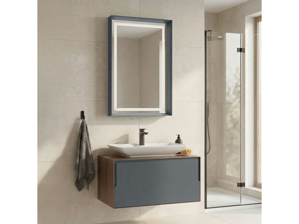 Zestaw szafki pod umywalkę z lustrem (2 elementy) „Craft 80” – 60 x 50 x 40 cm – orzech / antracyt / biel
