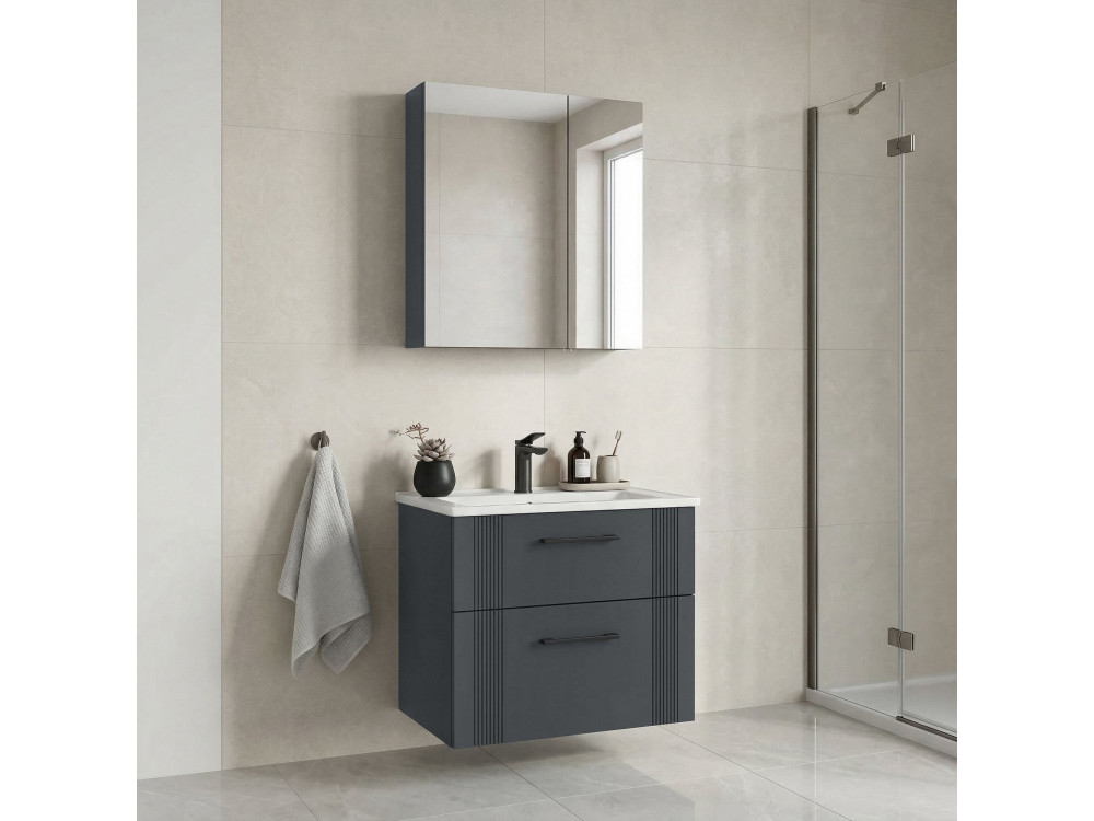Zestaw szafki pod umywalkę z lustrem (2 elementy) „Bari 65 v2” – 65 x 45 x 55 cm – matowy antracyt