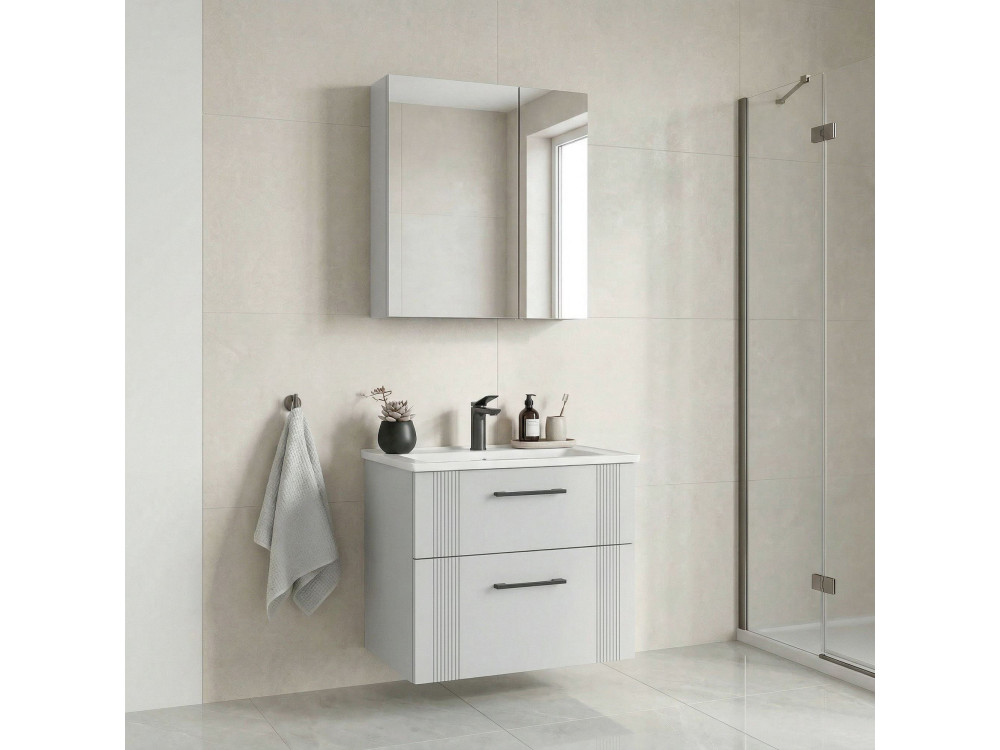 Zestaw szafki pod umywalkę z lustrem (2 elementy) „Bari 65 v2” – 65 x 45 x 55 cm – matowa biel