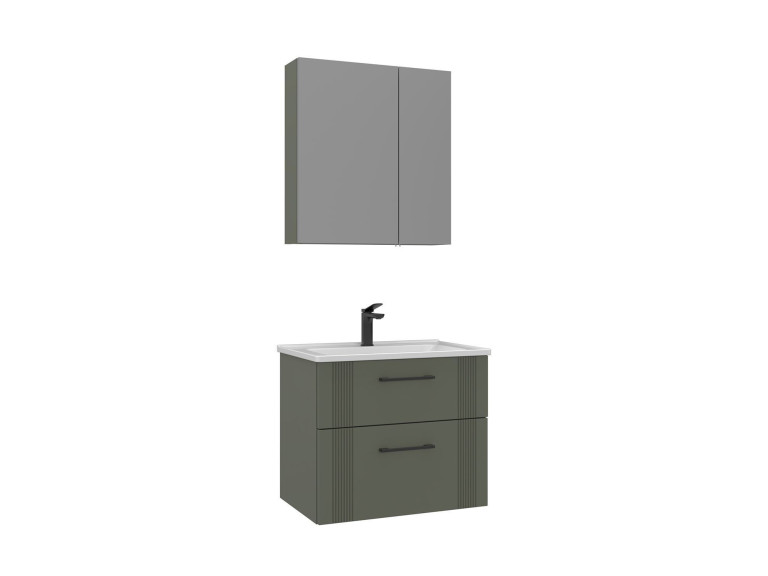 Zestaw szafki pod umywalkę z lustrem (2 elementy) „Bari 65 v2” – 65 x 45 x 55 cm – matowa zieleń