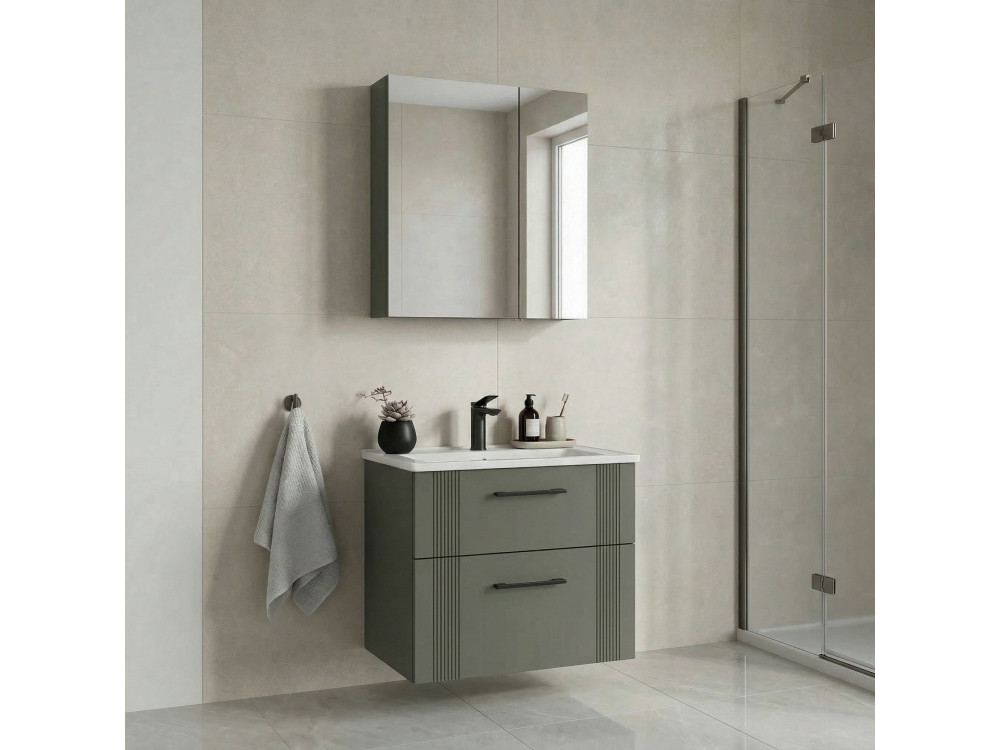 Zestaw szafki pod umywalkę z lustrem (2 elementy) „Bari 65 v2” – 65 x 45 x 55 cm – matowa zieleń