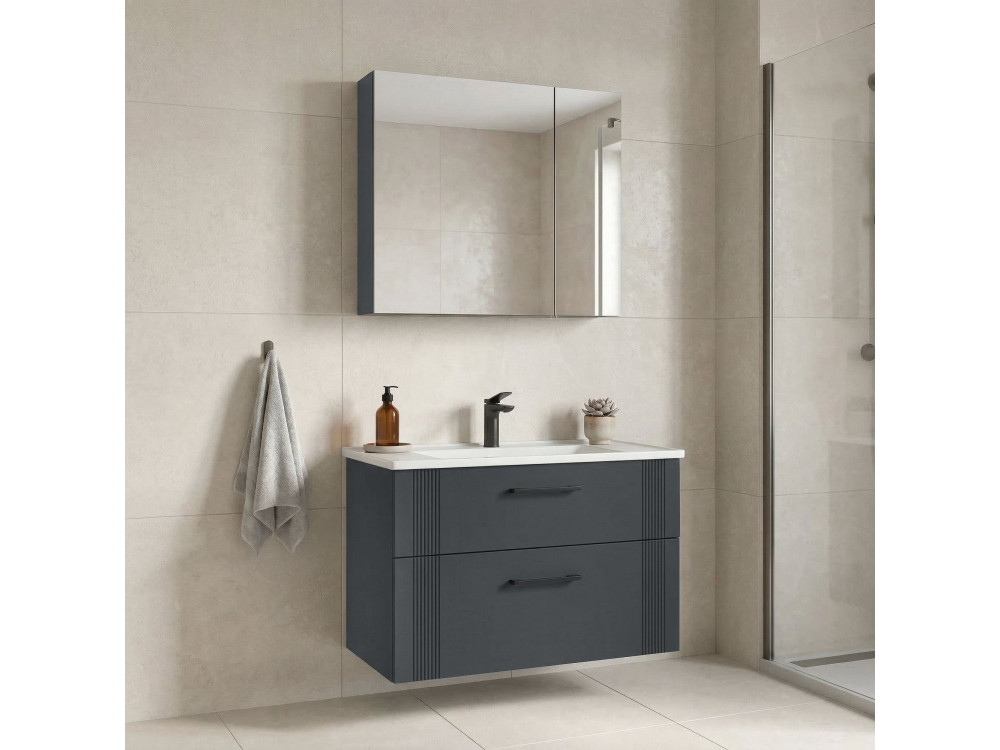 Zestaw szafki pod umywalkę z lustrem (2 elementy) „Bari 85 v2” – 85 x 45 x 55 cm – matowy antracyt