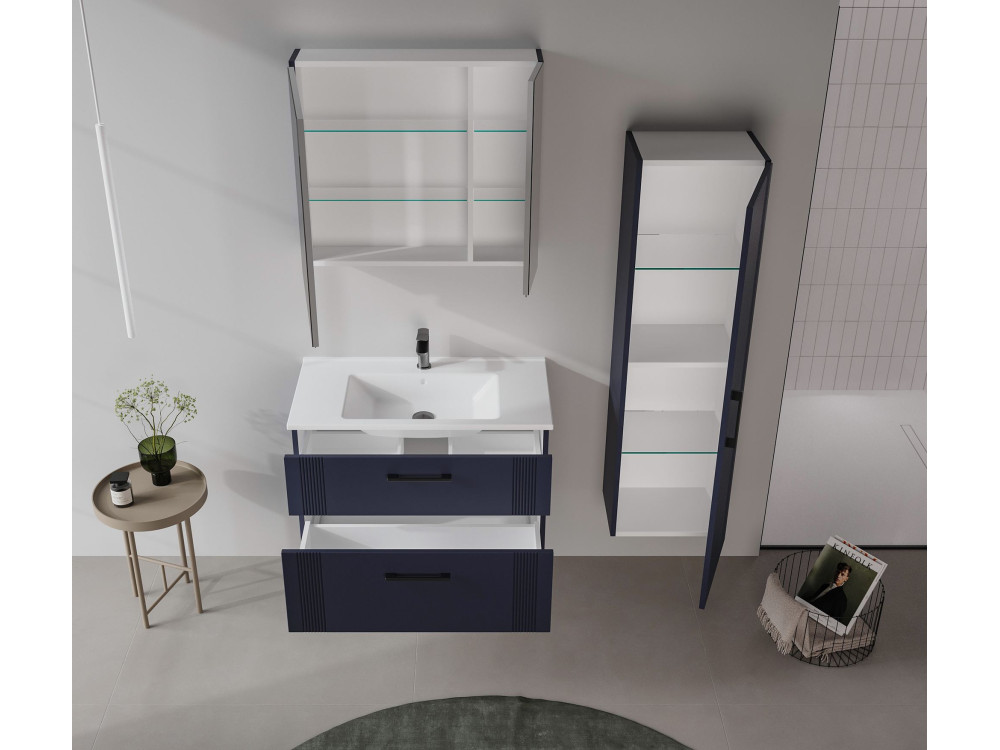 Zestaw szafki pod umywalkę z lustrem (2 elementy) „Bari 85 v2” – 85 x 45 x 55 cm – matowy granatowy