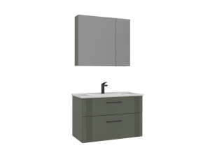 Zestaw szafki pod umywalkę z lustrem (2 elementy) „Bari 85 v2” – 85 x 45 x 55 cm – matowa zieleń