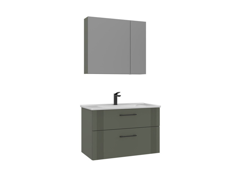 Zestaw szafki pod umywalkę z lustrem (2 elementy) „Bari 85 v2” – 85 x 45 x 55 cm – matowa zieleń