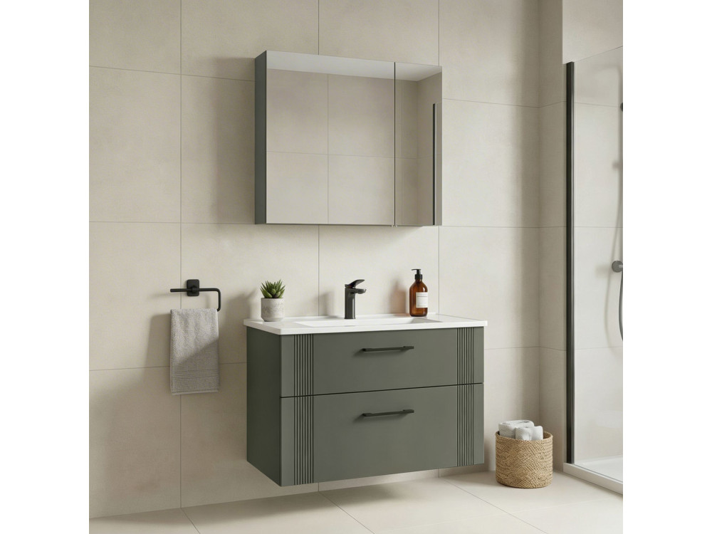 Zestaw szafki pod umywalkę z lustrem (2 elementy) „Bari 85 v2” – 85 x 45 x 55 cm – matowa zieleń