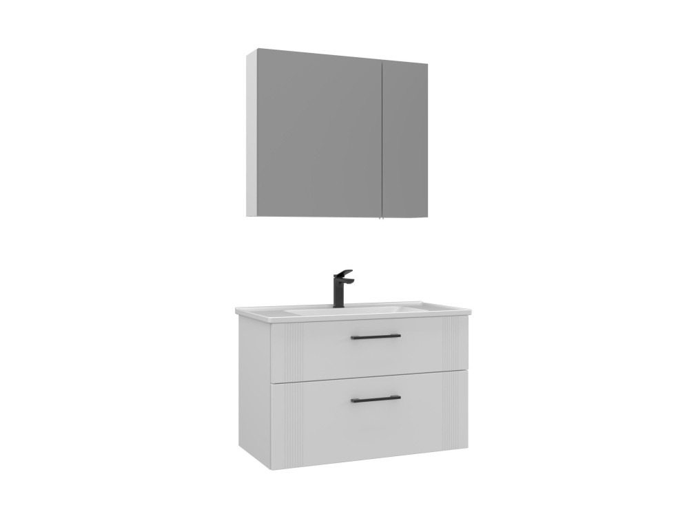Zestaw szafki pod umywalkę z lustrem (2 elementy) „Bari 85 v2” – 85 x 45 x 55 cm – matowa biel