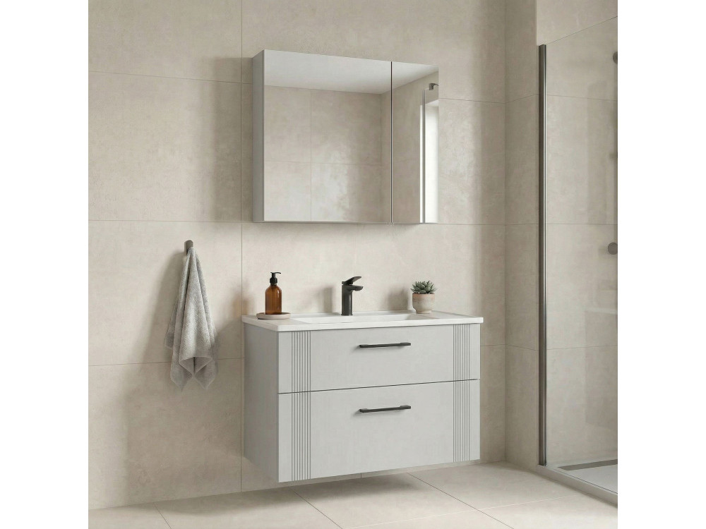 Zestaw szafki pod umywalkę z lustrem (2 elementy) „Bari 85 v2” – 85 x 45 x 55 cm – matowa biel