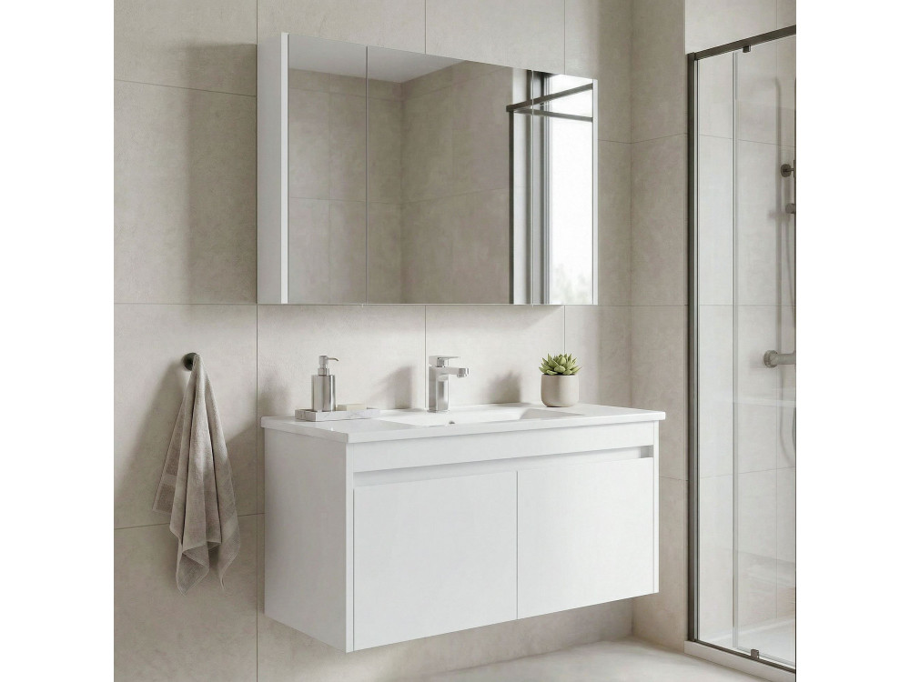 Zestaw szafki pod umywalkę z lustrem (2 elementy) „Arno 100” – 100 x 45 x 52 cm – biały
