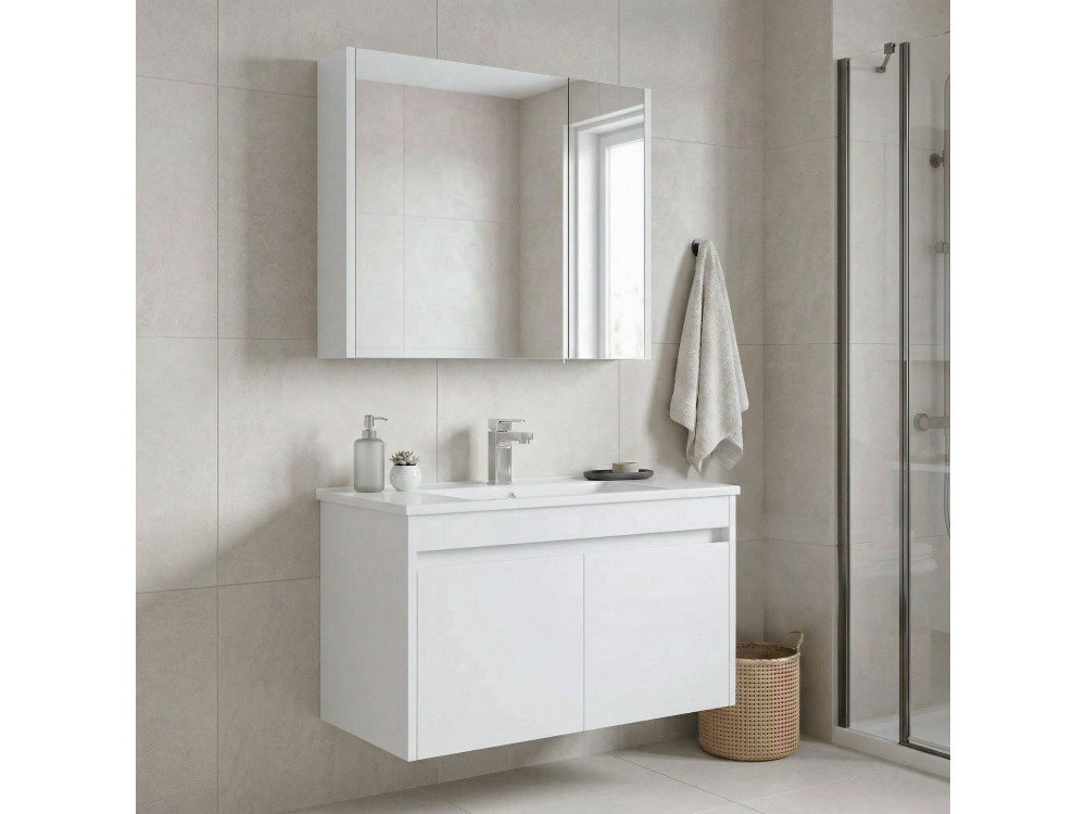 Zestaw szafki pod umywalkę z lustrem (2 elementy) „Arno 85” – 85 x 45 x 52 cm – biały