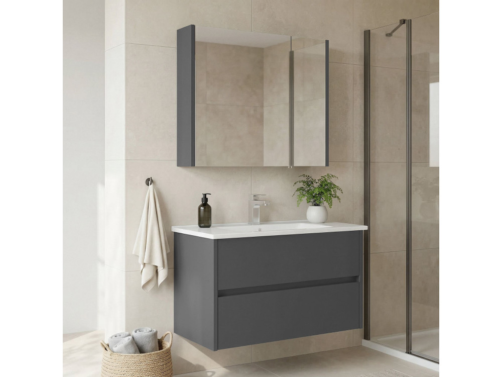 Zestaw szafki pod umywalkę z lustrem (2 elementy) „Arno 85” – 85 x 45 x 52 cm – szary