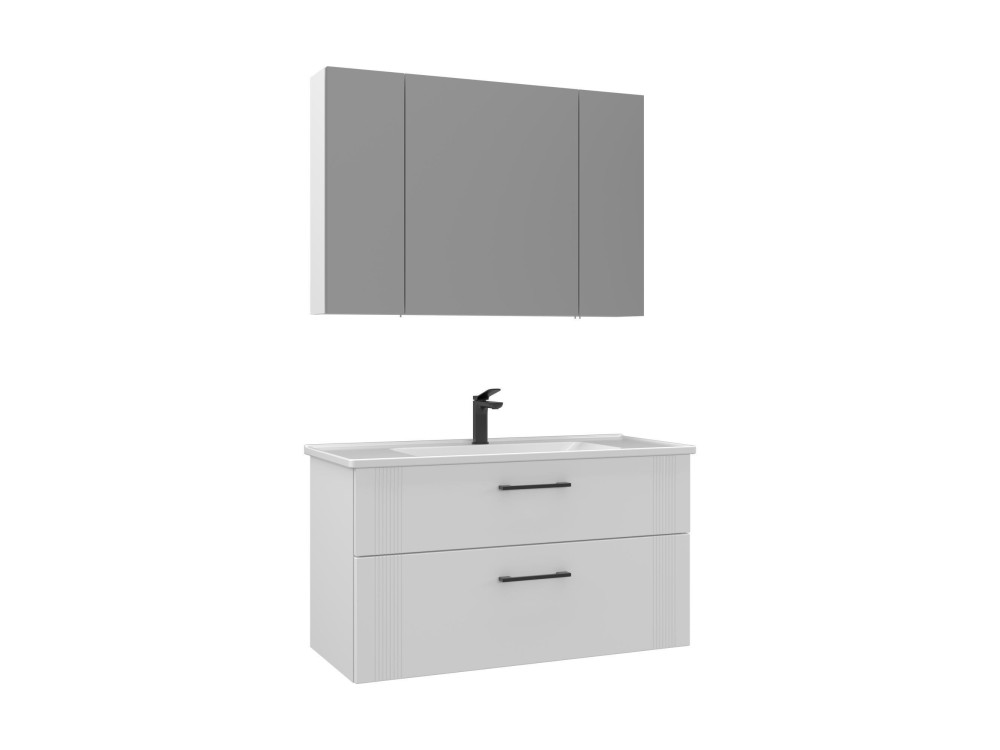 Zestaw szafki pod umywalkę z lustrem (2 elementy) „Bari 100 v2” – 100 x 45 x 55 cm – matowa biel