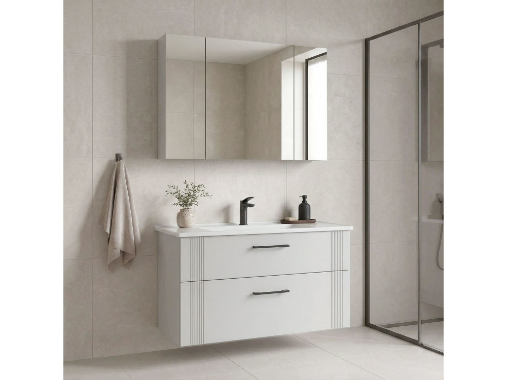 Zestaw szafki pod umywalkę z lustrem (2 elementy) „Bari 100 v2” – 100 x 45 x 55 cm – matowa biel