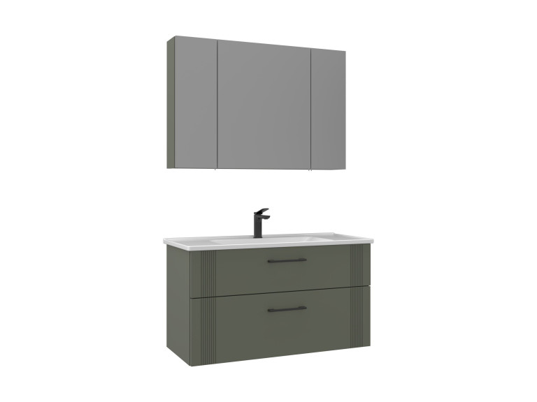 Zestaw szafki pod umywalkę z lustrem (2 elementy) „Bari 100 v2” – 100 x 45 x 55 cm – matowa zieleń