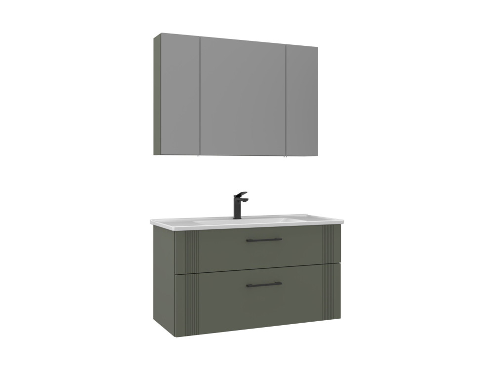 Zestaw szafki pod umywalkę z lustrem (2 elementy) „Bari 100 v2” – 100 x 45 x 55 cm – matowa zieleń